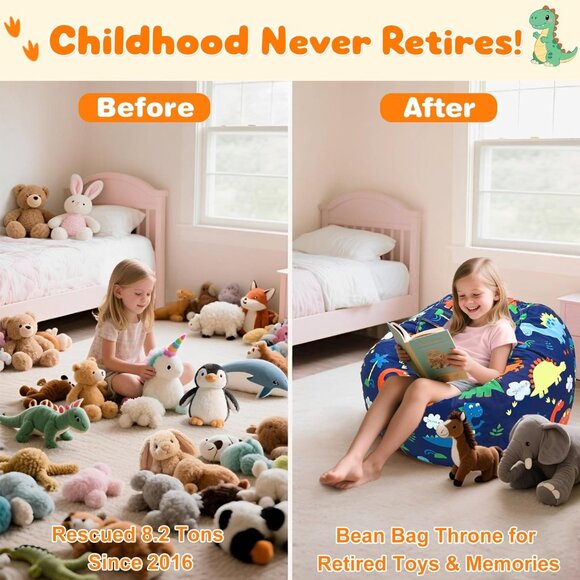 Dinosaur Stuffed Animal Storage Bean Bag Chair Holds 60+ Plush Toys, Washable - Picture 2 of 5